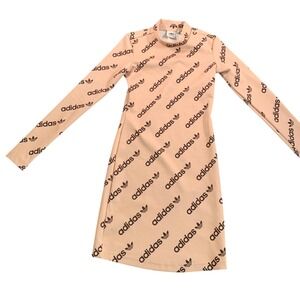 Adidas Originals Dress Monogram Long Sleeve Logo Print Bodycon Pink Peach XS
